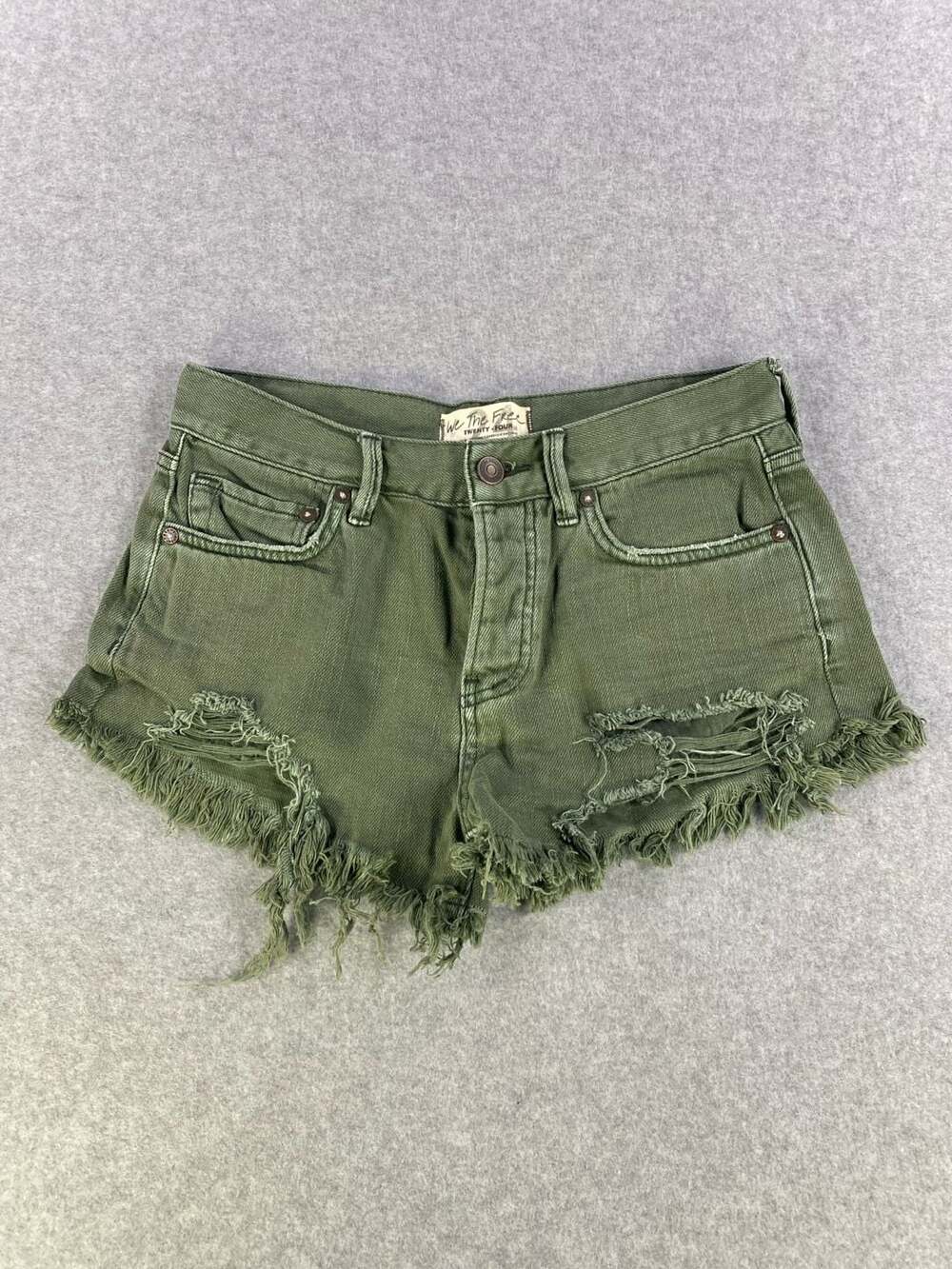 We The Free Olive Green Distressed Button-Fly Cut-Off Denim Shorts